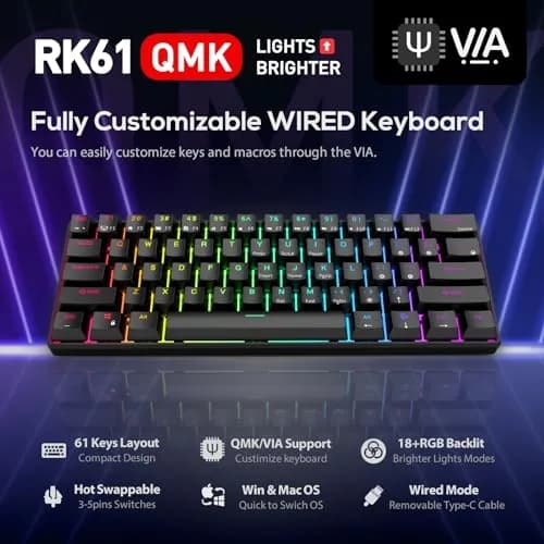 RK ROYAL KLUDGE RK61 Wired 60% Mechanical Gaming Keyboard with Hot-Swappable Blue Switches & RGB Backlighting | Programmable QMK/VIA thumbnail 2
