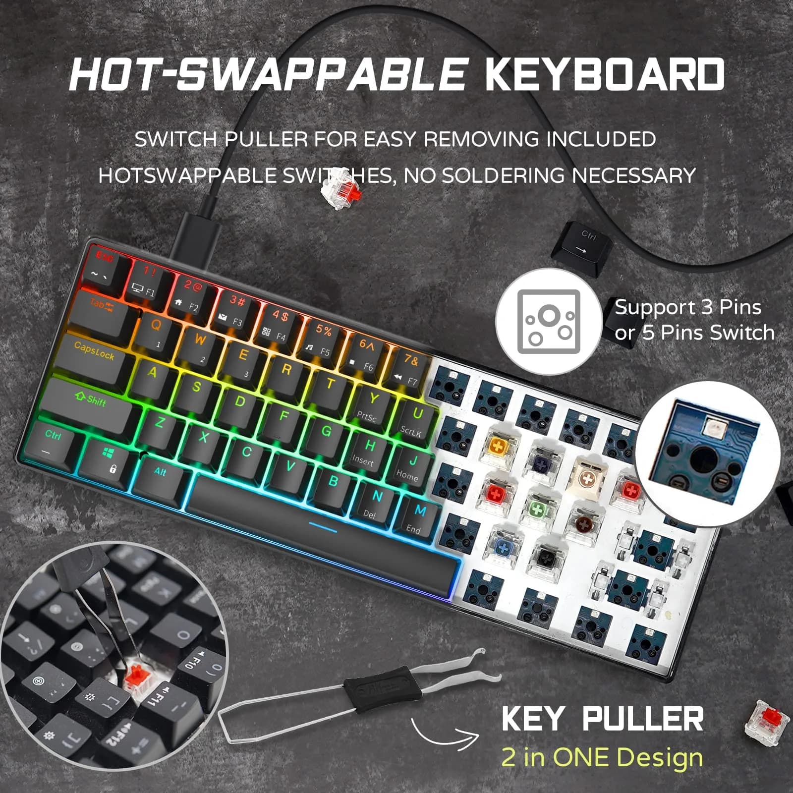 RK ROYAL KLUDGE RK61 Wired 60% Mechanical Gaming Keyboard with Hot-Swappable Blue Switches & RGB Backlighting | Programmable QMK/VIA - view 3