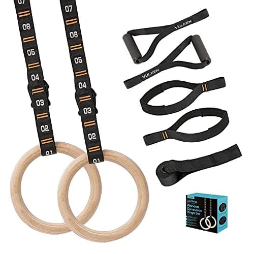 Vulken Wooden Gymnastic Rings with Adjustable Numbered Straps | 1.1'' Olympic Rings for Core & Bodyweight Training thumbnail 1