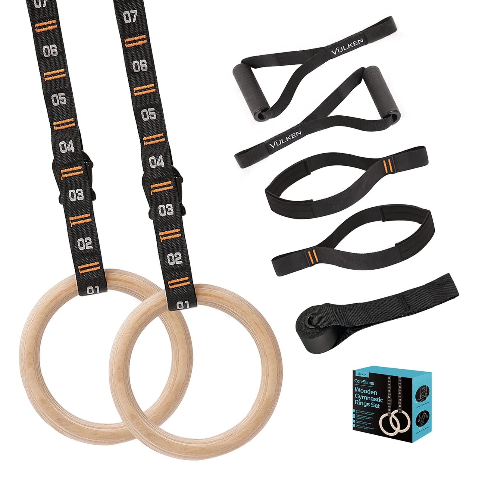 Vulken Wooden Gymnastic Rings with Adjustable Numbered Straps | 1.1'' Olympic Rings for Core & Bodyweight Training - main product image