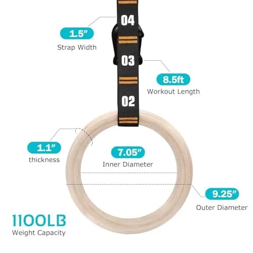 Vulken Wooden Gymnastic Rings with Adjustable Numbered Straps | 1.1'' Olympic Rings for Core & Bodyweight Training thumbnail 2