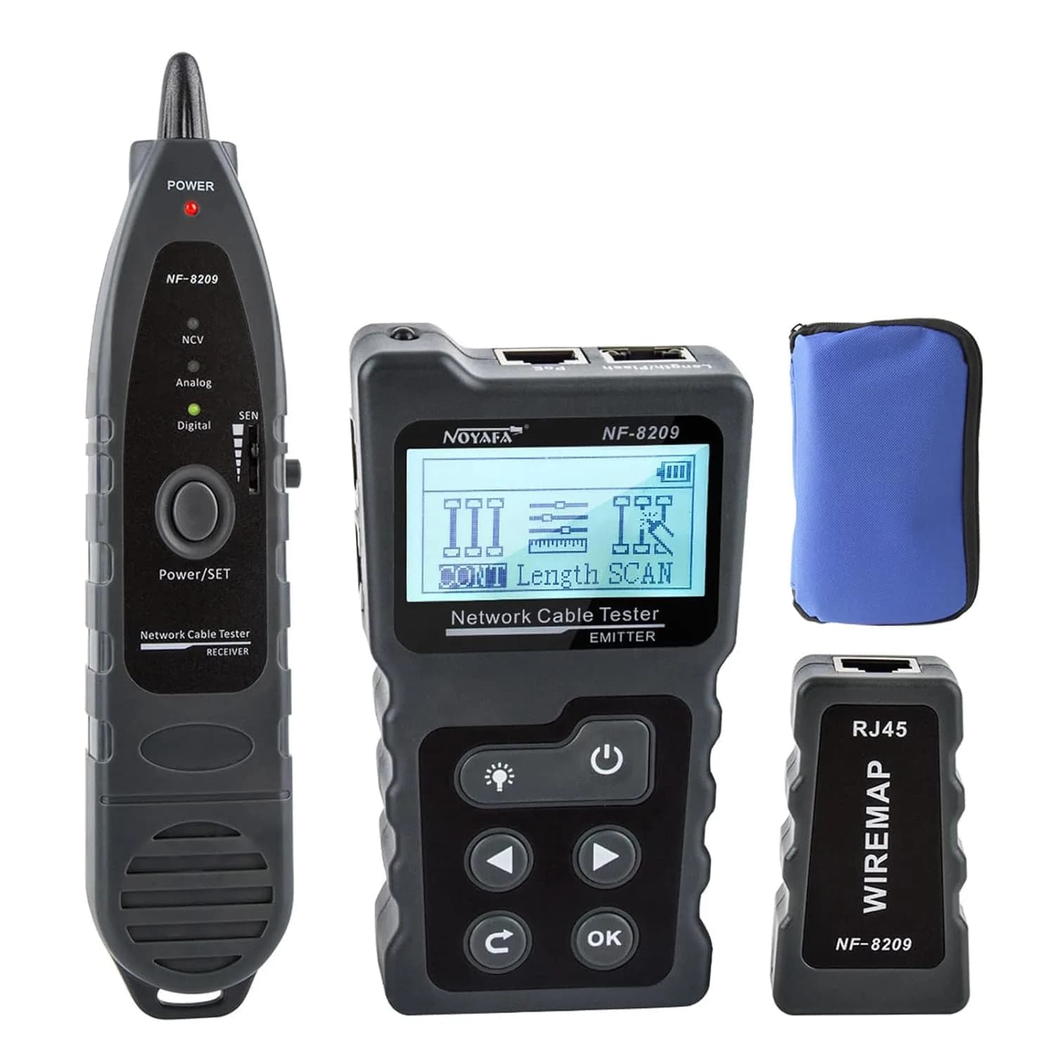 NOYAFA NF‑8209S Network Cable Tester – Ethernet & PoE Detection, Cable Length & Voltage Test, Port Flashing, Anti-Interference Modes (500m) — NF-8209