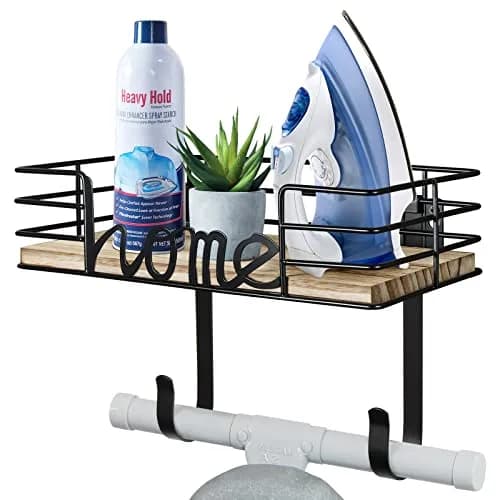 TJ.MOREE Ironing Board Hanger Wall Mount with Wooden Basket & Hooks | Space-Saving Laundry Organizer thumbnail 1