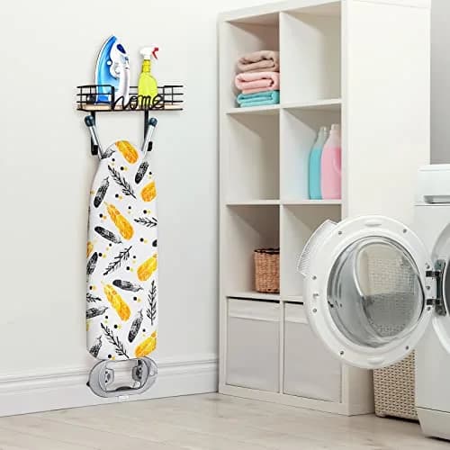 TJ.MOREE Ironing Board Hanger Wall Mount with Wooden Basket & Hooks | Space-Saving Laundry Organizer thumbnail 3