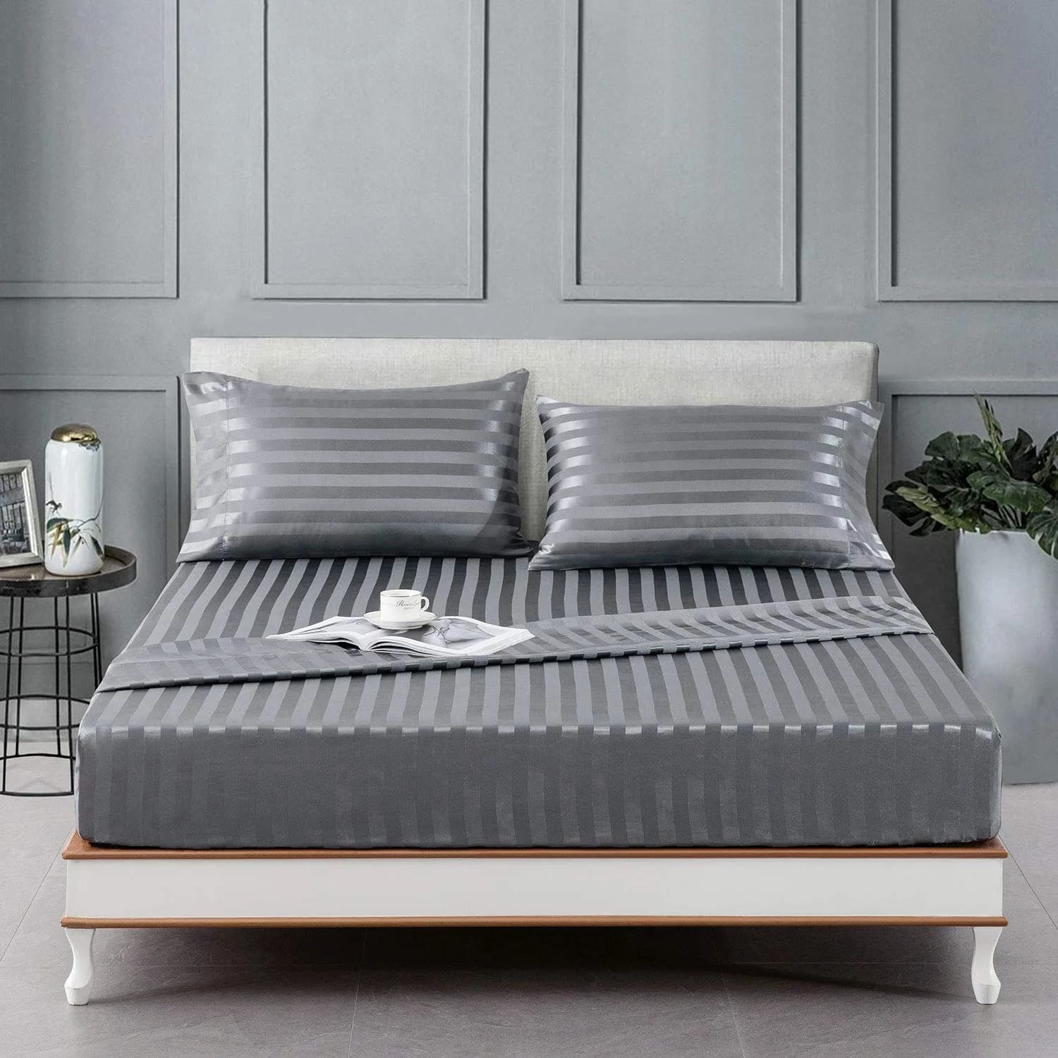 Lanest Housing Satin Sheets Queen Size Bed Sheet Set | Silky Soft, Cooling, 4-Piece Pink Striped — Striped Dark Grey