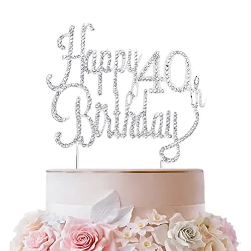 LINGTEER Happy 40th Birthday Silver Sparkly Rhinestone Cake Topper 21.6 cm (8.5") High | Cheers to Forty Years Old Bday Gift Keepsake Party Decoration thumbnail 1