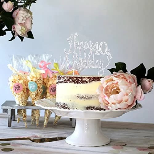 LINGTEER Happy 40th Birthday Silver Sparkly Rhinestone Cake Topper 21.6 cm (8.5") High | Cheers to Forty Years Old Bday Gift Keepsake Party Decoration thumbnail 4