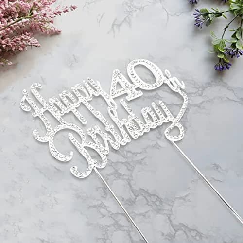 LINGTEER Happy 40th Birthday Silver Sparkly Rhinestone Cake Topper 21.6 cm (8.5") High | Cheers to Forty Years Old Bday Gift Keepsake Party Decoration thumbnail 3