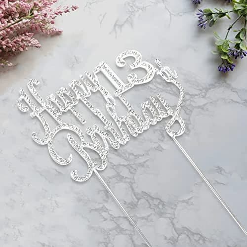 LINGTEER Happy 13th Birthday Silver Sparkly Rhinestone Cake Topper | Cheers to Thirteen Years Old thumbnail 3