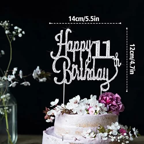 LINGTEER Happy 11th Birthday Silver Sparkly Rhinestone Cake Topper | Cheers to Eleven Years Old thumbnail 2