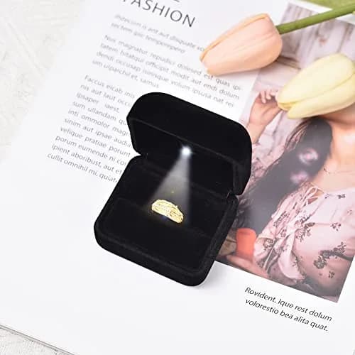 Omeet LED Velvet Ring Box for Proposal, Engagement, Wedding, Slim - Black | Compact Jewelry Storage Case with Built-in Light thumbnail 2