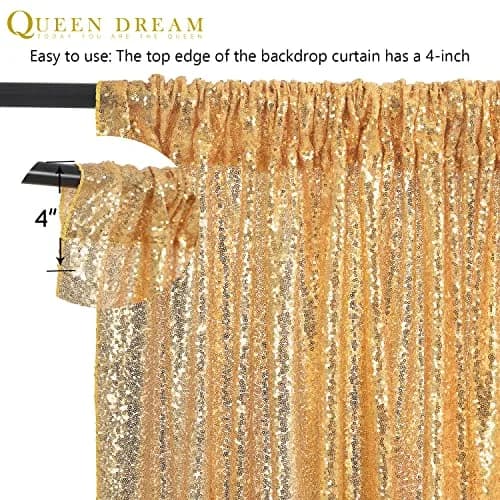 QueenDream Gold Sequin Backdrop Drapes 4 Panels 2FTx8FT | Wedding & Party Stage Decor thumbnail 6
