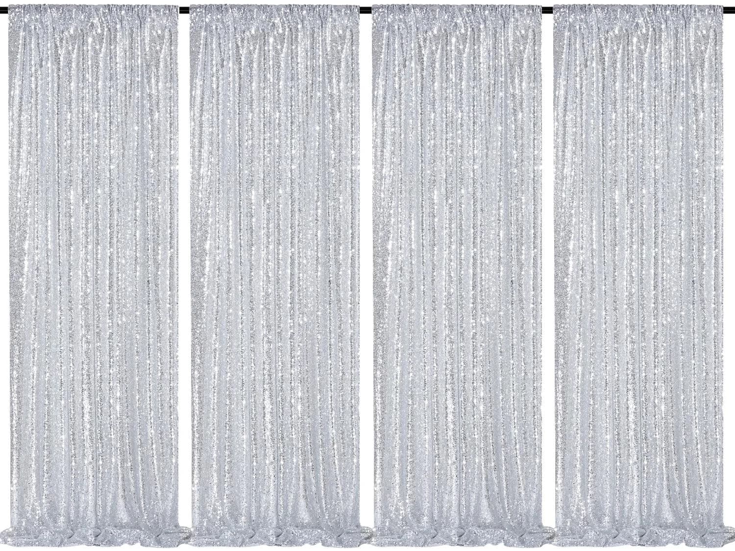 QueenDream Silver Glitter Sequin Curtain for Party Photography Backgrounds | 2FTx8FT Set of 4 Panels — Silver