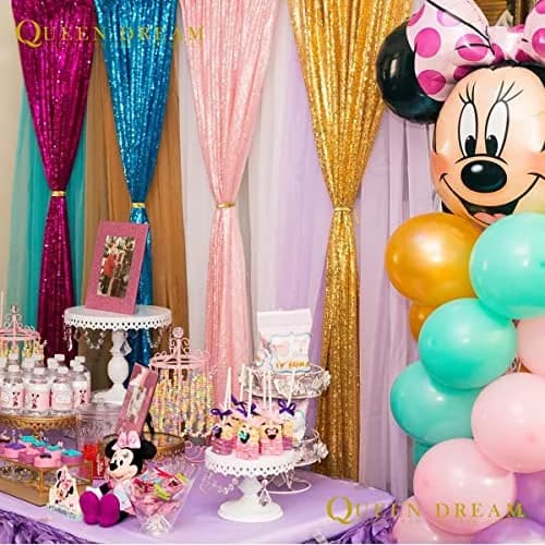 QueenDream Pink Sequin Backdrop 2 Panels 2FTx8FT | Sparkly Birthday Party Curtain with Rod Pocket thumbnail 3