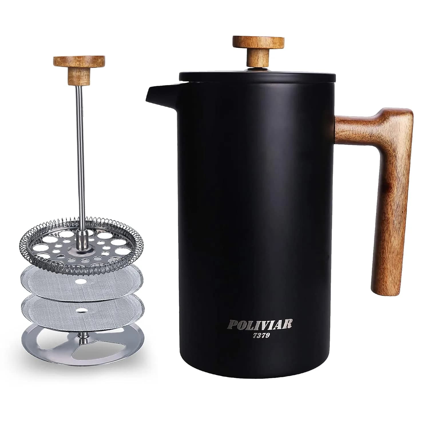 POLIVIAR French Press Coffee Maker 34 oz | Double Wall Insulation & Real Wood Handle — Black
