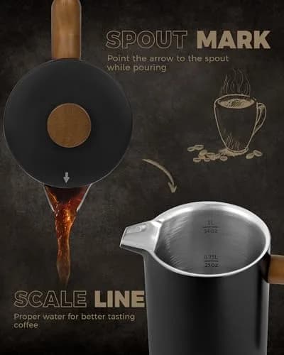 POLIVIAR French Press Coffee Maker 34 oz | Double Wall Insulation & Real Wood Handle thumbnail 4