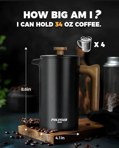 POLIVIAR French Press Coffee Maker 34 oz | Double Wall Insulation & Real Wood Handle thumbnail 7