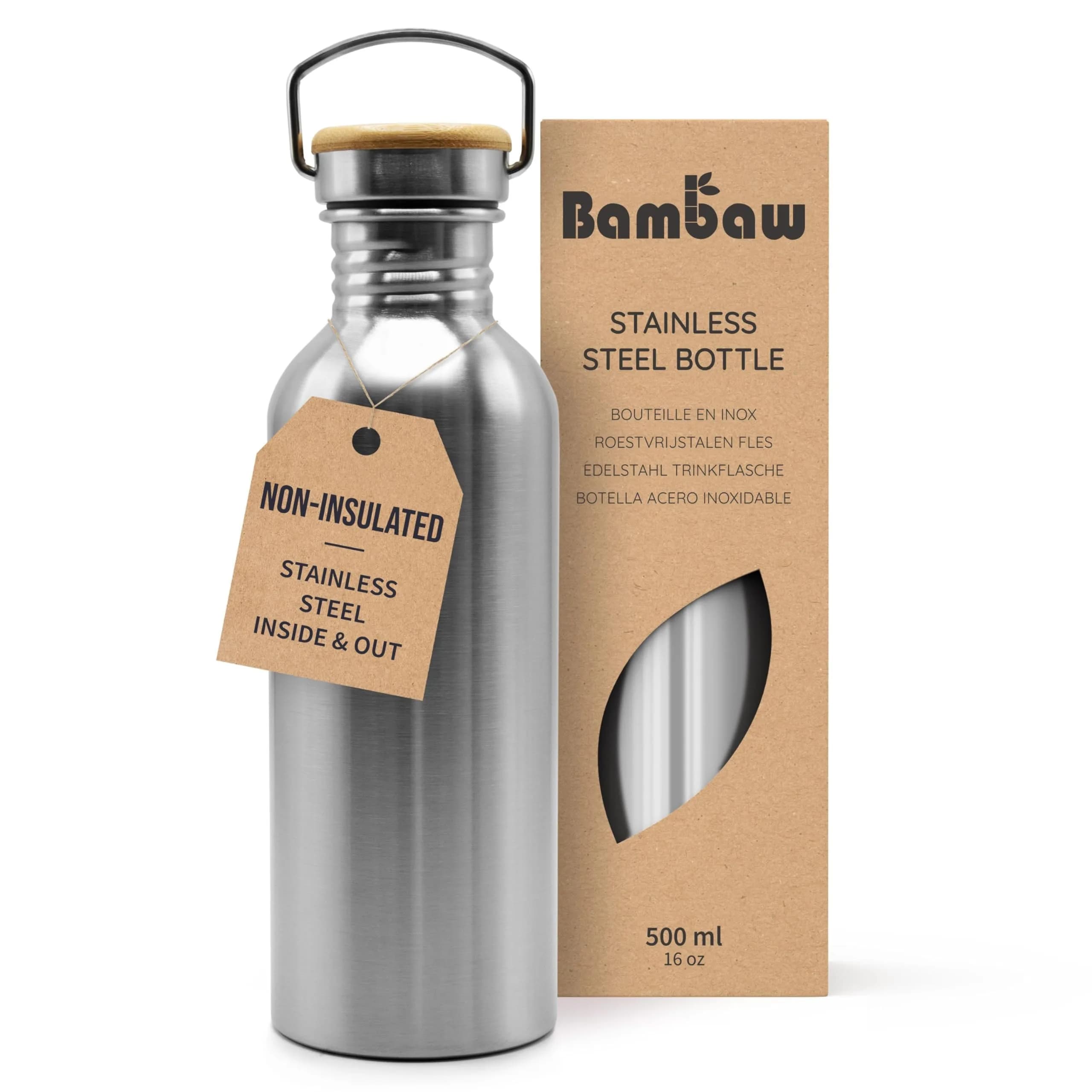 Bambaw Water Bottle 500 ml Eco Non-Insulated Stainless Steel Sports Bottle BPA-Free | Minimalist, Leakproof & Eco-Friendly — 16 oz