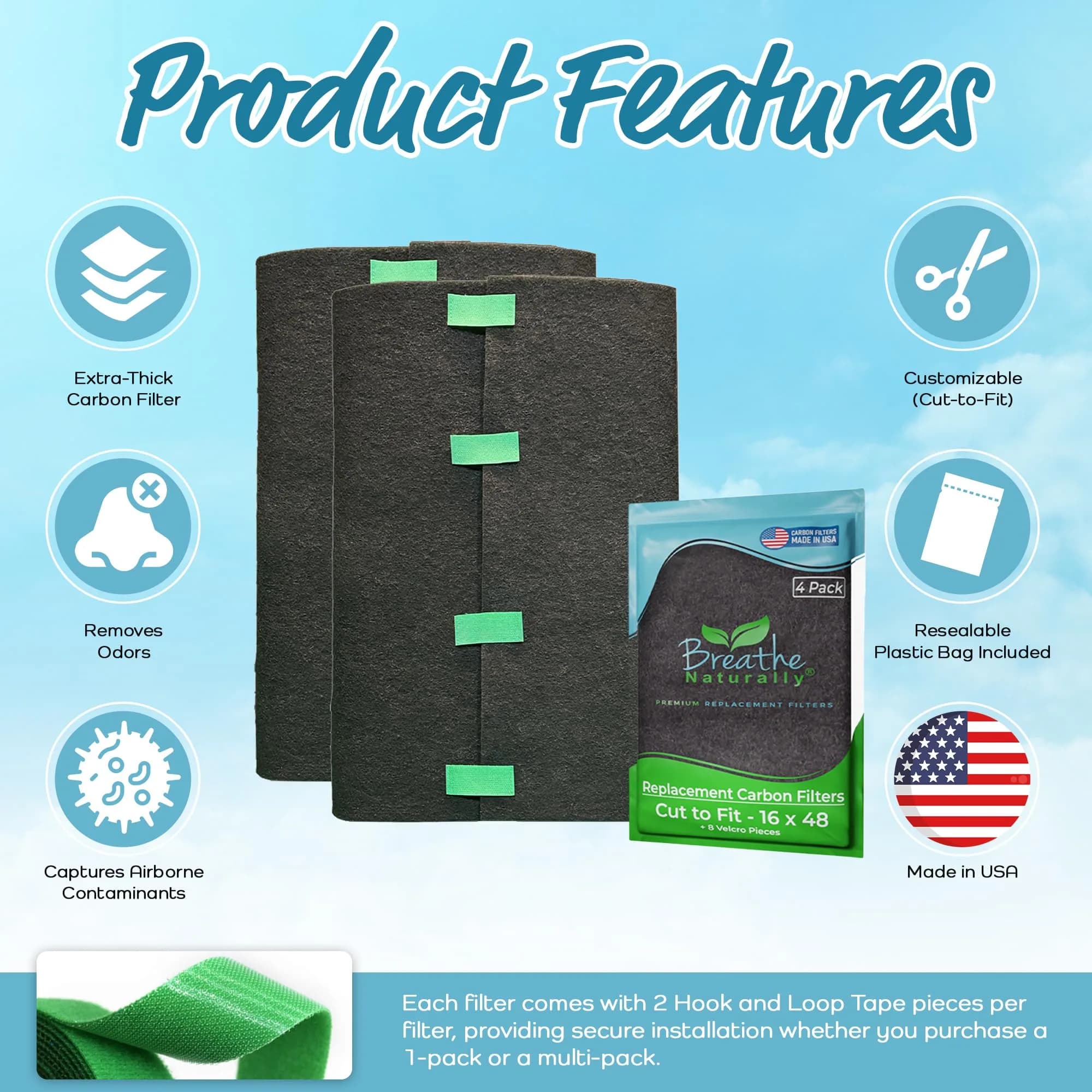 Breathe Naturally Universal Cut-to-Fit Carbon Activated Air Filter 4 Pack (16x48 inches) | Extra Thick 0.2" Filtration for Air Purifiers & Vents - view 4