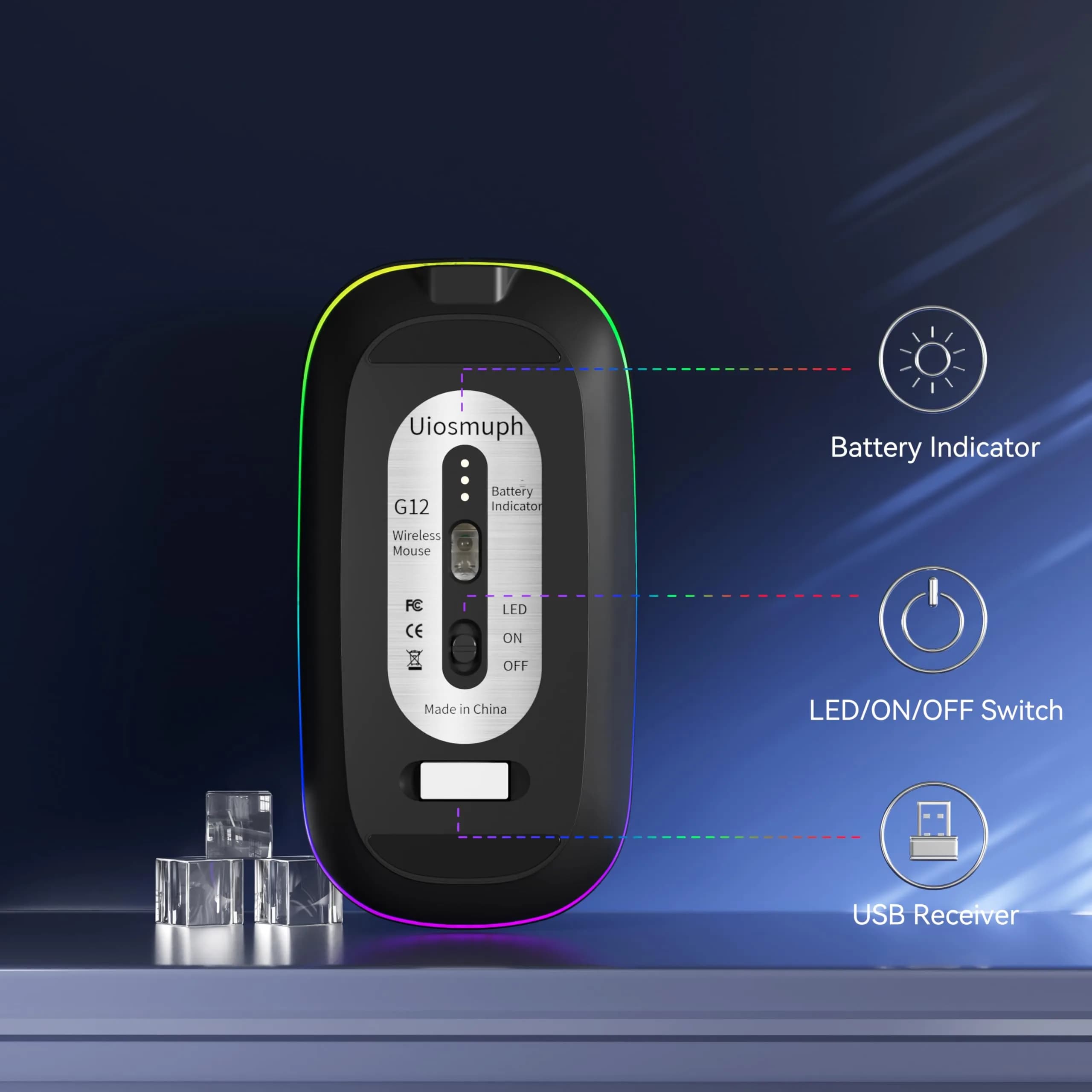 Uiosmuph G12 Wireless Mouse | Rechargeable, Silent, USB-C, 1600 DPI, Matte Black - view 6