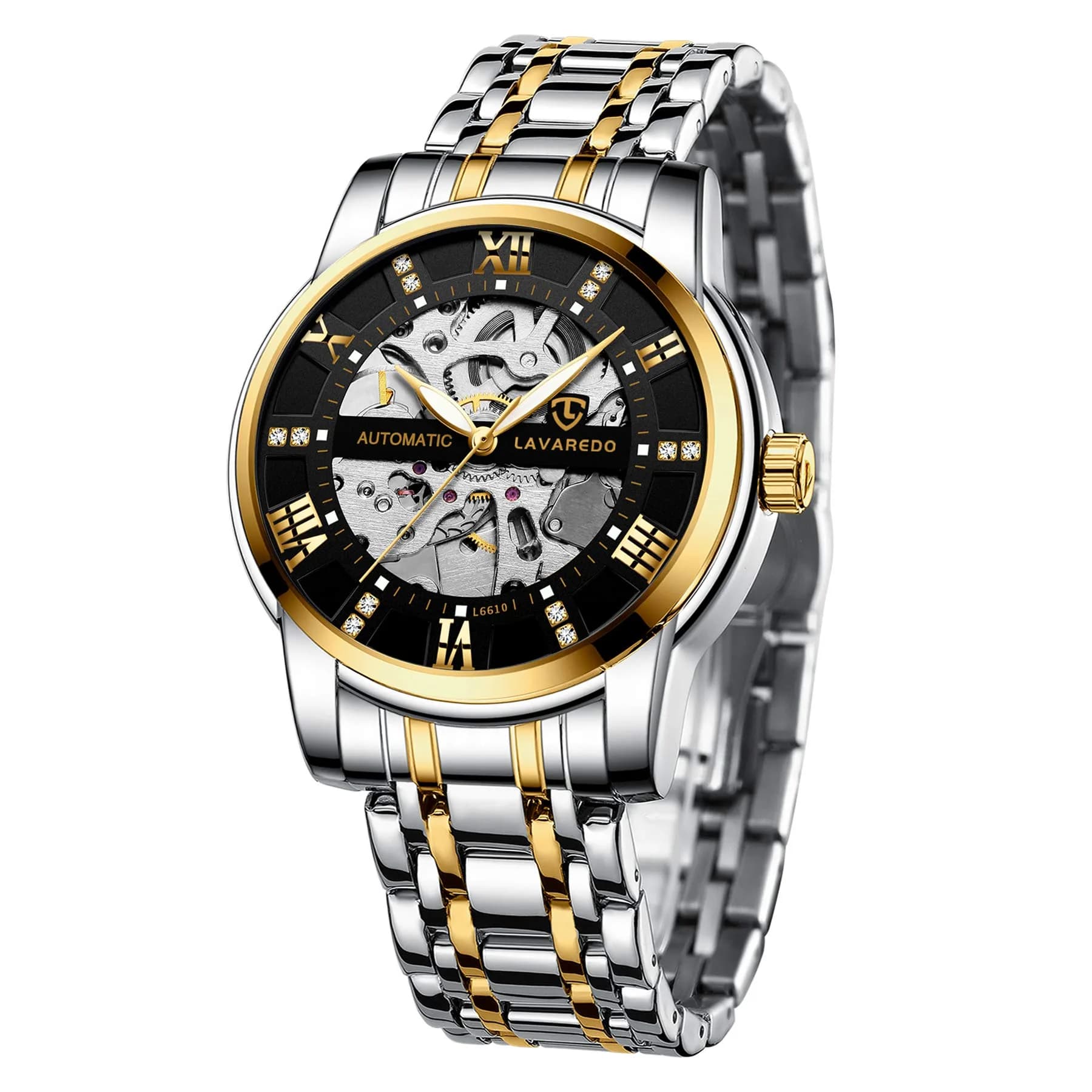 A ALPS Automatic Mechanical Watch for Men | 41mm Stainless Steel Skeleton Dial, 30M Water Resistant — Gold Black.Silver Movement
