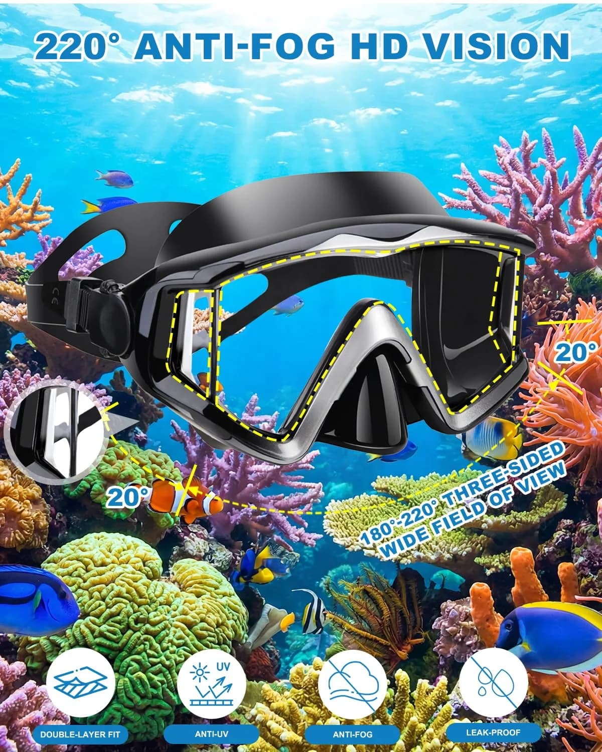 AQUA A DIVE SPORTS Silver Black Adult Diving Mask | 180° Wide View Anti-Fog - view 3