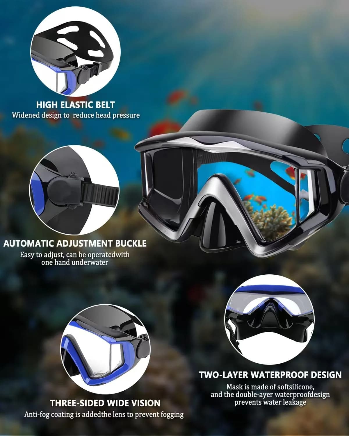 AQUA A DIVE SPORTS Silver Black Adult Diving Mask | 180° Wide View Anti-Fog - view 4