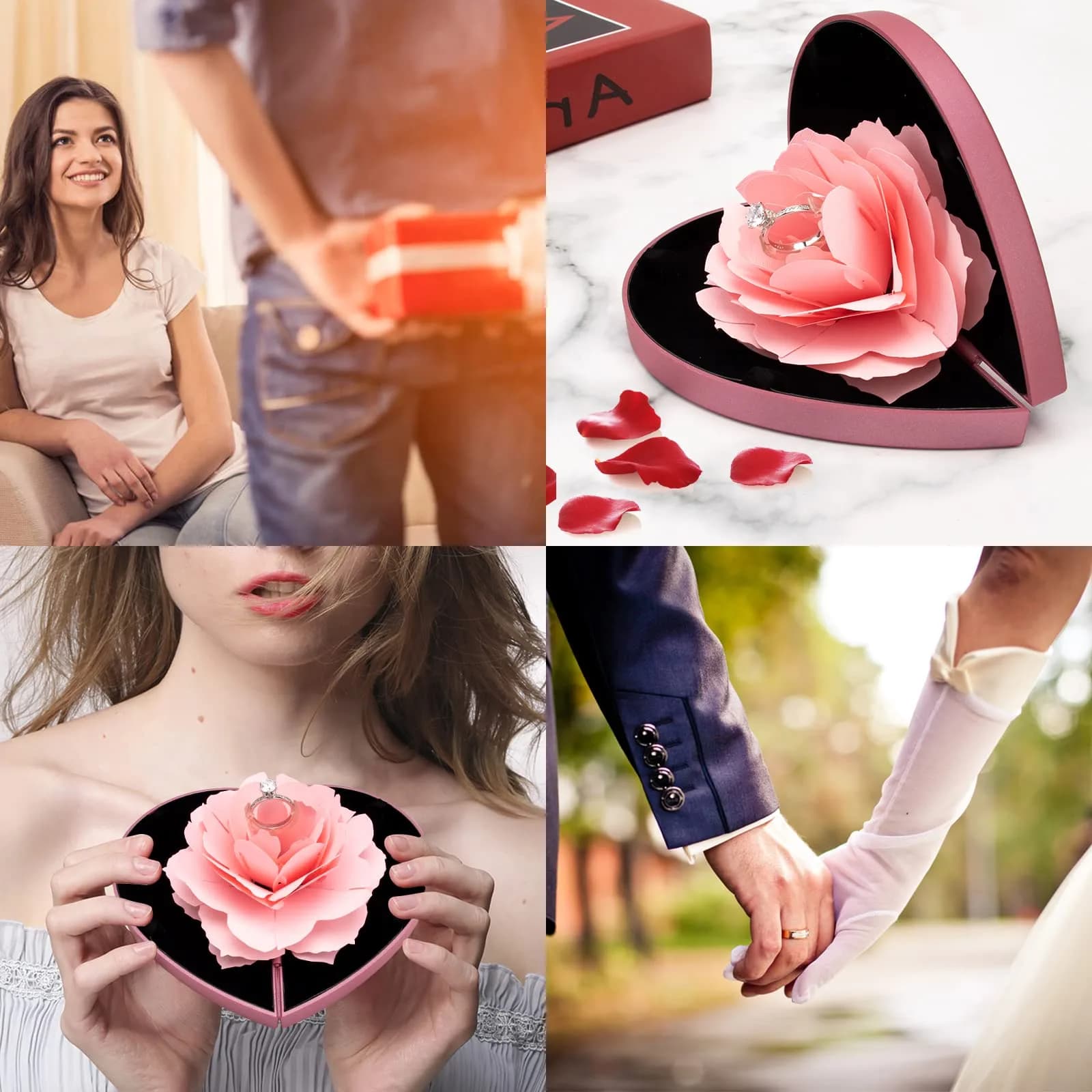 wonuu Engagement Ring Box, Heart Shaped Rose Box with Flannel Lining | Surprise Jewelry Storage Holder for Proposal, Engagement, Wedding Gift (Pink) - view 5