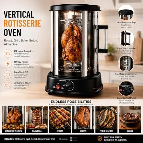 Alpine Cuisine 21L Vertical Rotisserie Grill 1500W | Multifunctional Kitchen Appliance for Roasting, Grilling & Baking thumbnail 5