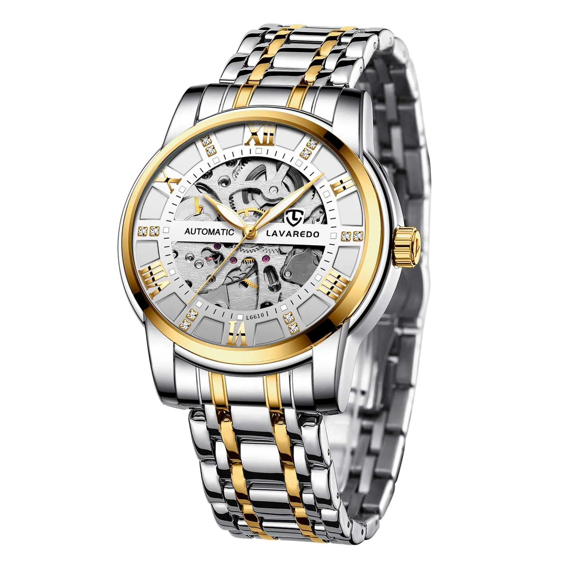 A ALPS Mens Watch, Automatic Self-Winding Mechanical Waterproof Watch | Luxurious Skeleton Dial, 41mm, Silver Strap — Gold White.Silver Movement
