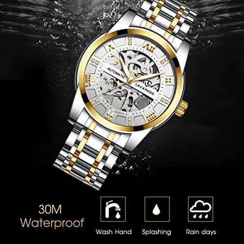A ALPS Mens Watch, Automatic Self-Winding Mechanical Waterproof Watch | Luxurious Skeleton Dial, 41mm, Silver Strap thumbnail 6