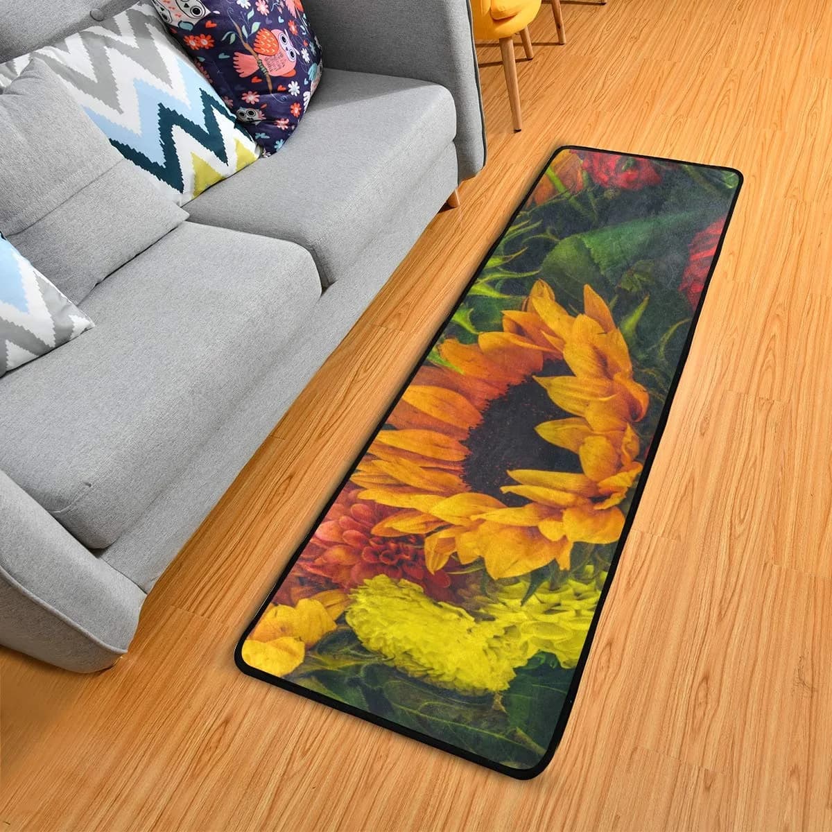 Senya Retro Dahlia Sunflower Kitchen Rug 72" x 24" | Non-Slip Water Absorbent Area Rug for Home — Colorful 1