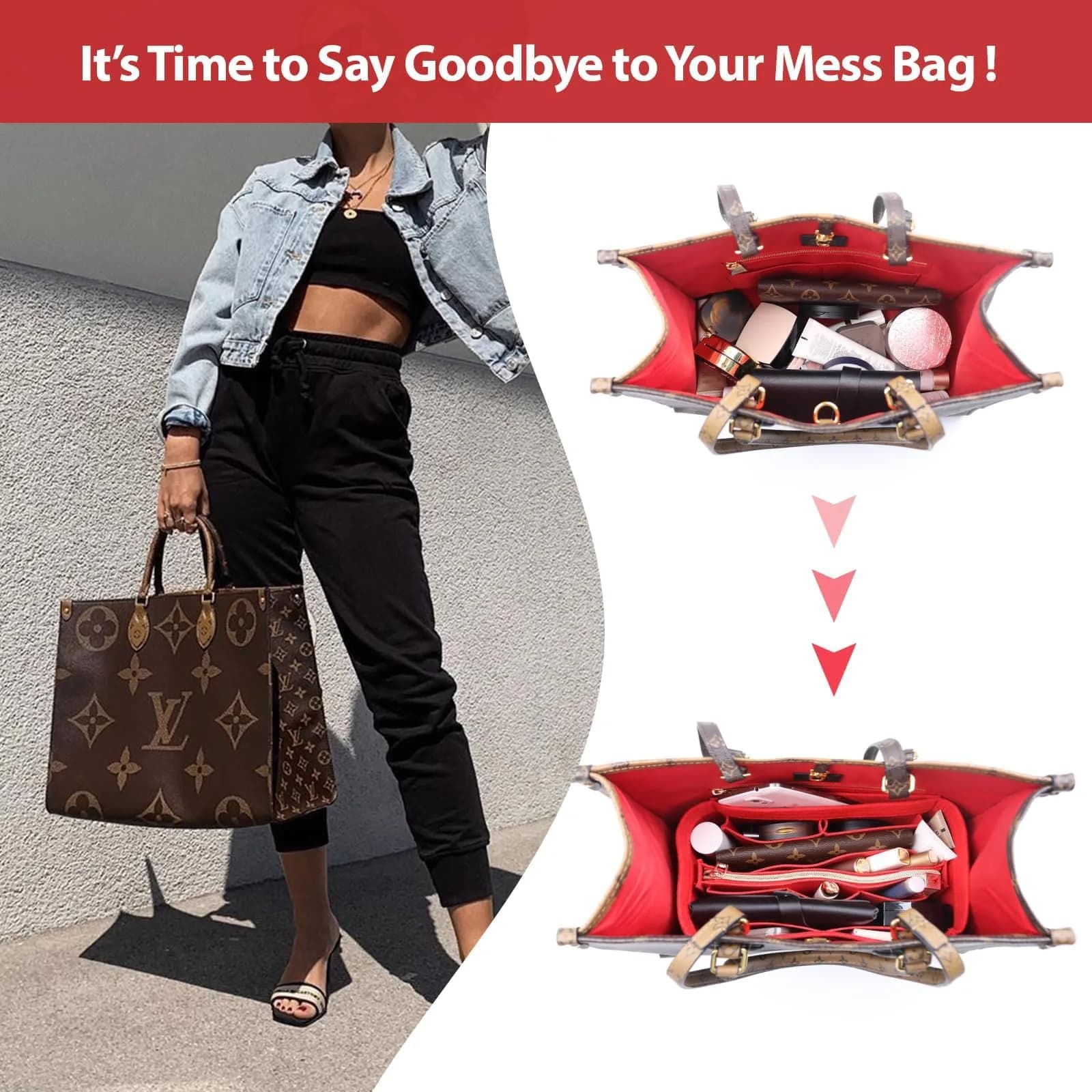 OMYSTYLE Red Slender Large Felt Tote Bag Organizer Insert with 13 Pockets - view 3