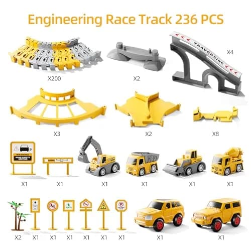 IHAHA 236 PCS Construction Race Track Set with 2 Electric Cars & 4 Trucks | 10 inches (25.4 cm) Length thumbnail 7