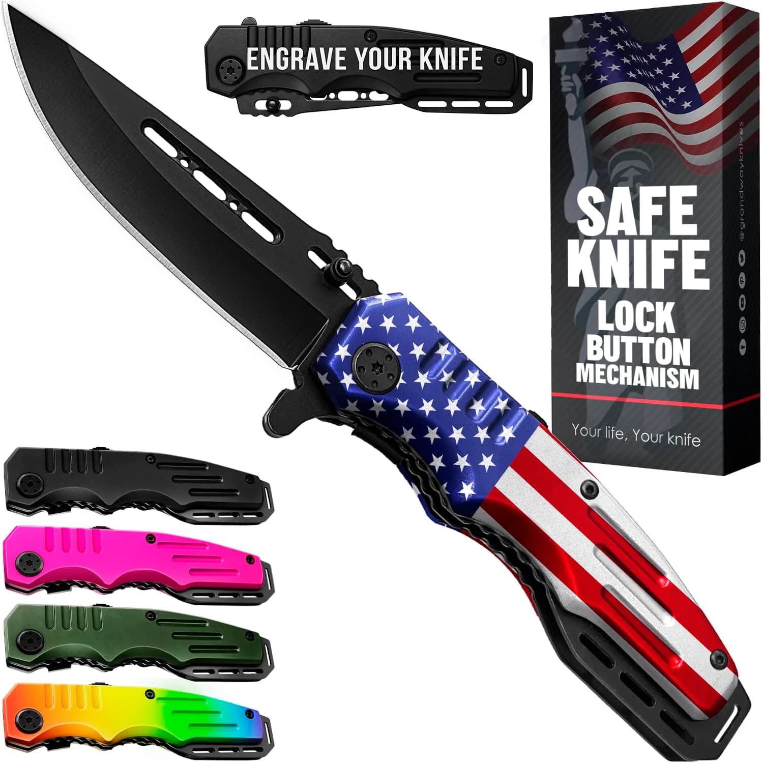 Grand Way Patriotic Pocket Knife American Flag | 3.4" Blade, Spring Assisted, Food & Outdoor Use
