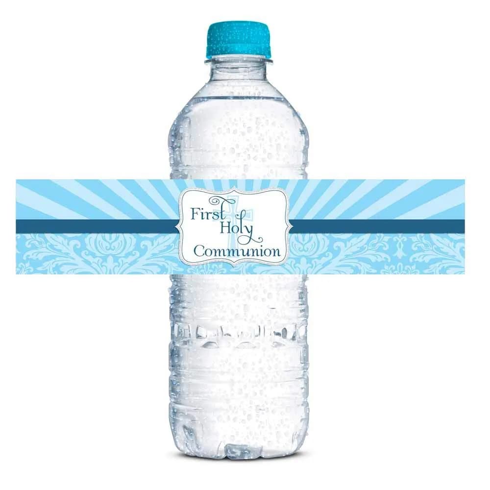 Amanda Creation First Holy Communion Water Bottle Wrappers for Boys 20 Pack 17.5cm (8.5"x1.75") | Catholic Sacrament Party Decorations — For Boys
