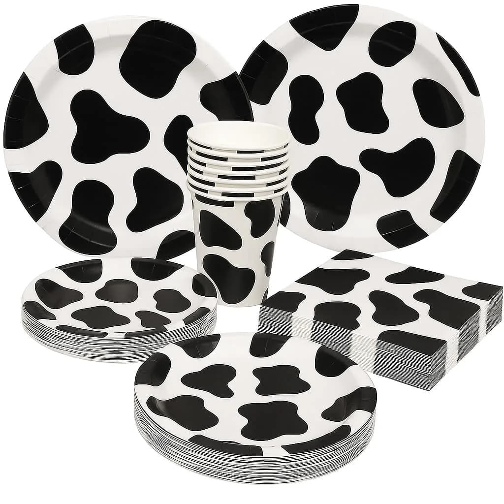 Oojami Cow Print Party Supplies Pack for 30 Guests | 120 Pcs Dinner Plates, Dessert Plates, Cups, Napkins — Black