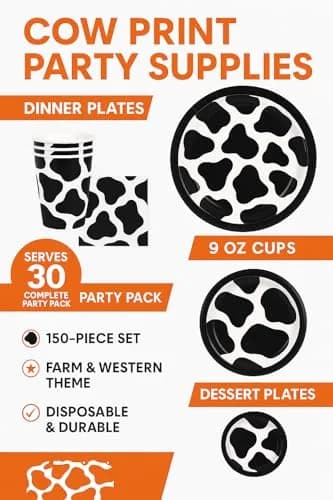 Oojami Cow Print Party Supplies Pack for 30 Guests | 120 Pcs Dinner Plates, Dessert Plates, Cups, Napkins thumbnail 8