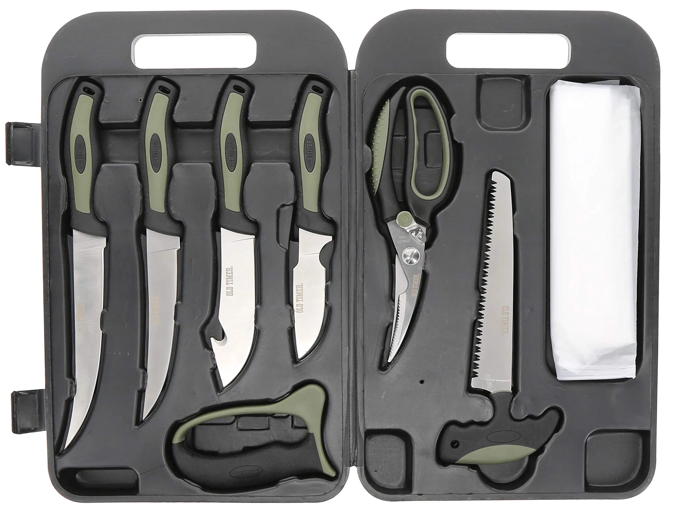 Old Timer Outdoor Kit with Game Shears, Bone Saw, Gut Hook, Knives, Sharpener & Gloves | Hunting & Camping Gear