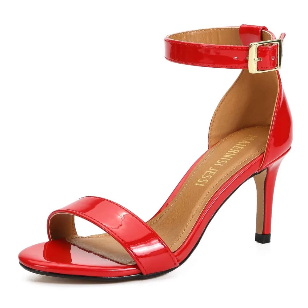 MAIERNISI JESSI Unisex Ankle Strap Heeled Sandals | Open Toe, Patent Red, 14.5 Women/13 Men