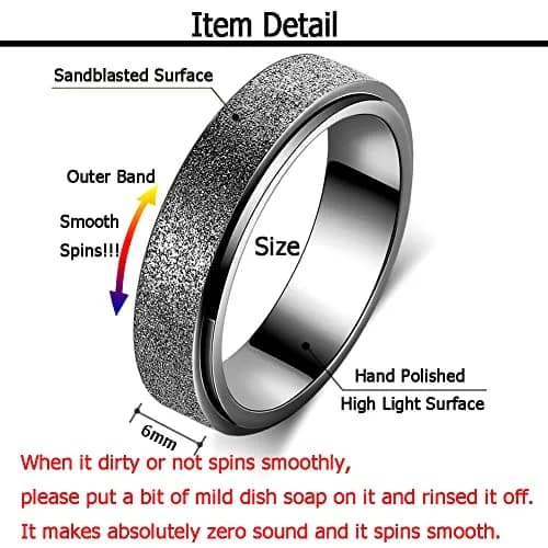OreilleStar Fidget Spinner Ring for Women & Adults 6mm Black | Titanium Stainless Steel thumbnail 2