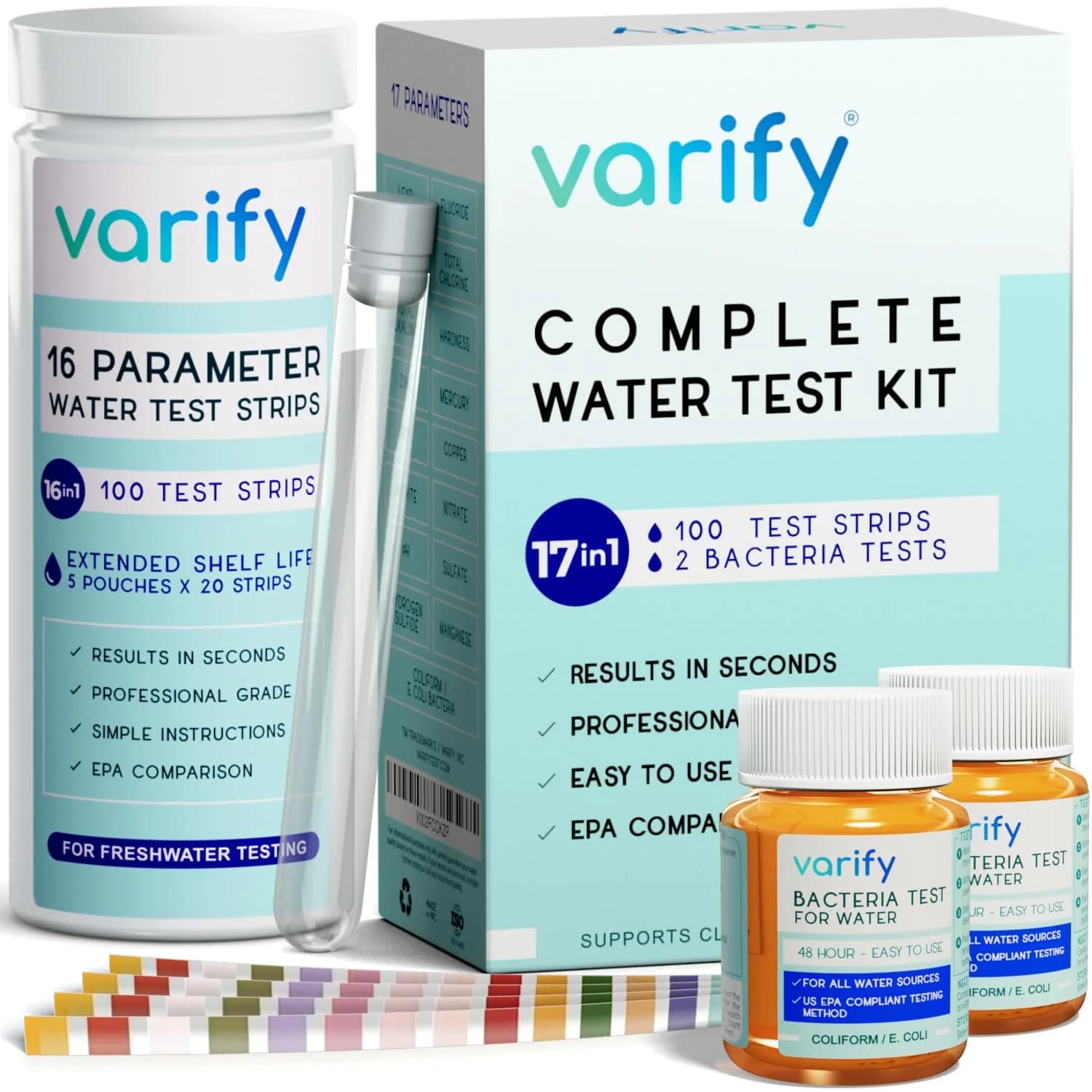 VARIFY 17-in-1 Complete Drinking Water Test Kit with 100 Strips & 2 Bacteria Tests | Professional Grade Analysis for Lead, Chlorine, pH, Hardness & More