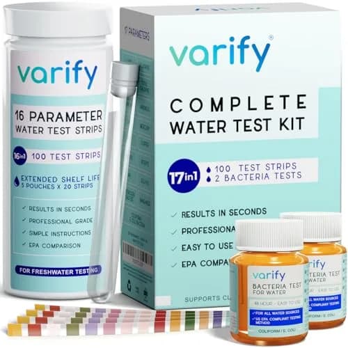 VARIFY 17-in-1 Complete Drinking Water Test Kit with 100 Strips & 2 Bacteria Tests | Professional Grade Analysis for Lead, Chlorine, pH, Hardness & More thumbnail 1