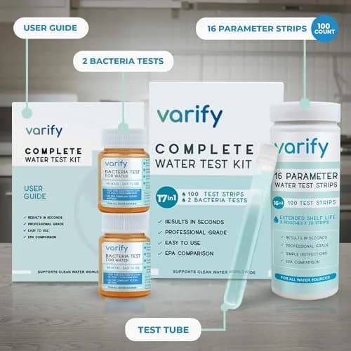 VARIFY 17-in-1 Complete Drinking Water Test Kit with 100 Strips & 2 Bacteria Tests | Professional Grade Analysis for Lead, Chlorine, pH, Hardness & More thumbnail 2
