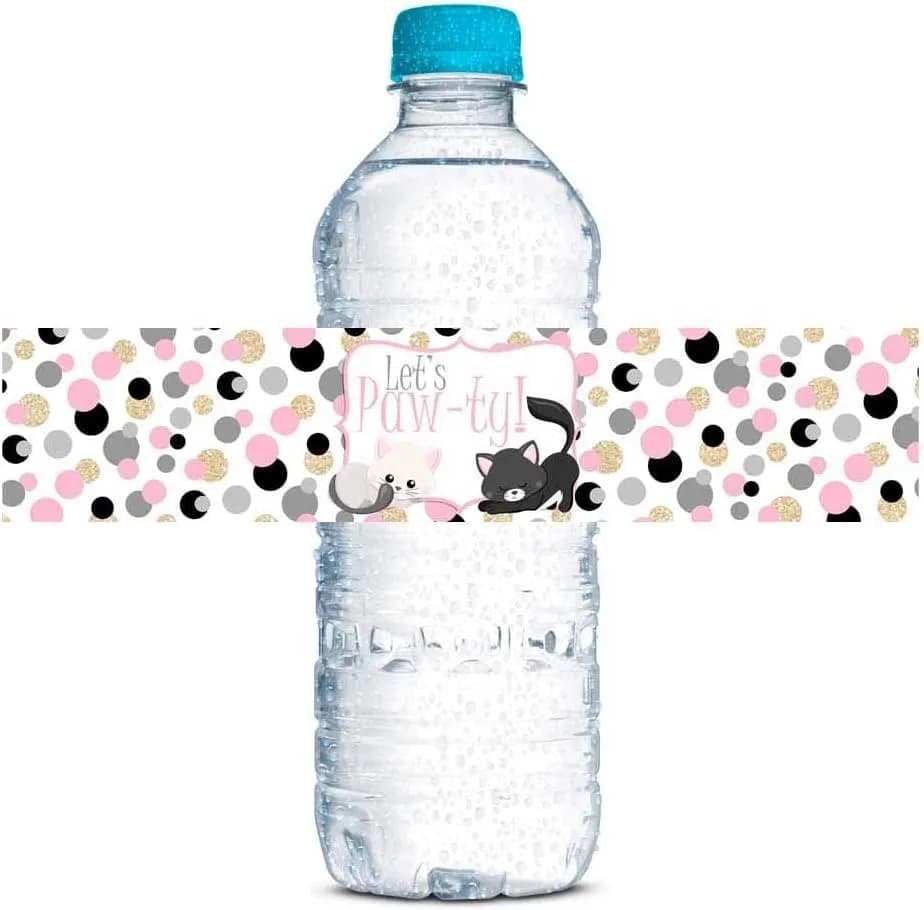 Amanda Creation Polka Dot Kitty Cat Themed Birthday Party Waterproof Water Bottle Sticker Wrappers, 20 Count | Party Theme thumbnail 2