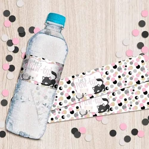 Amanda Creation Polka Dot Kitty Cat Themed Birthday Party Waterproof Water Bottle Sticker Wrappers, 20 Count | Party Theme thumbnail 12