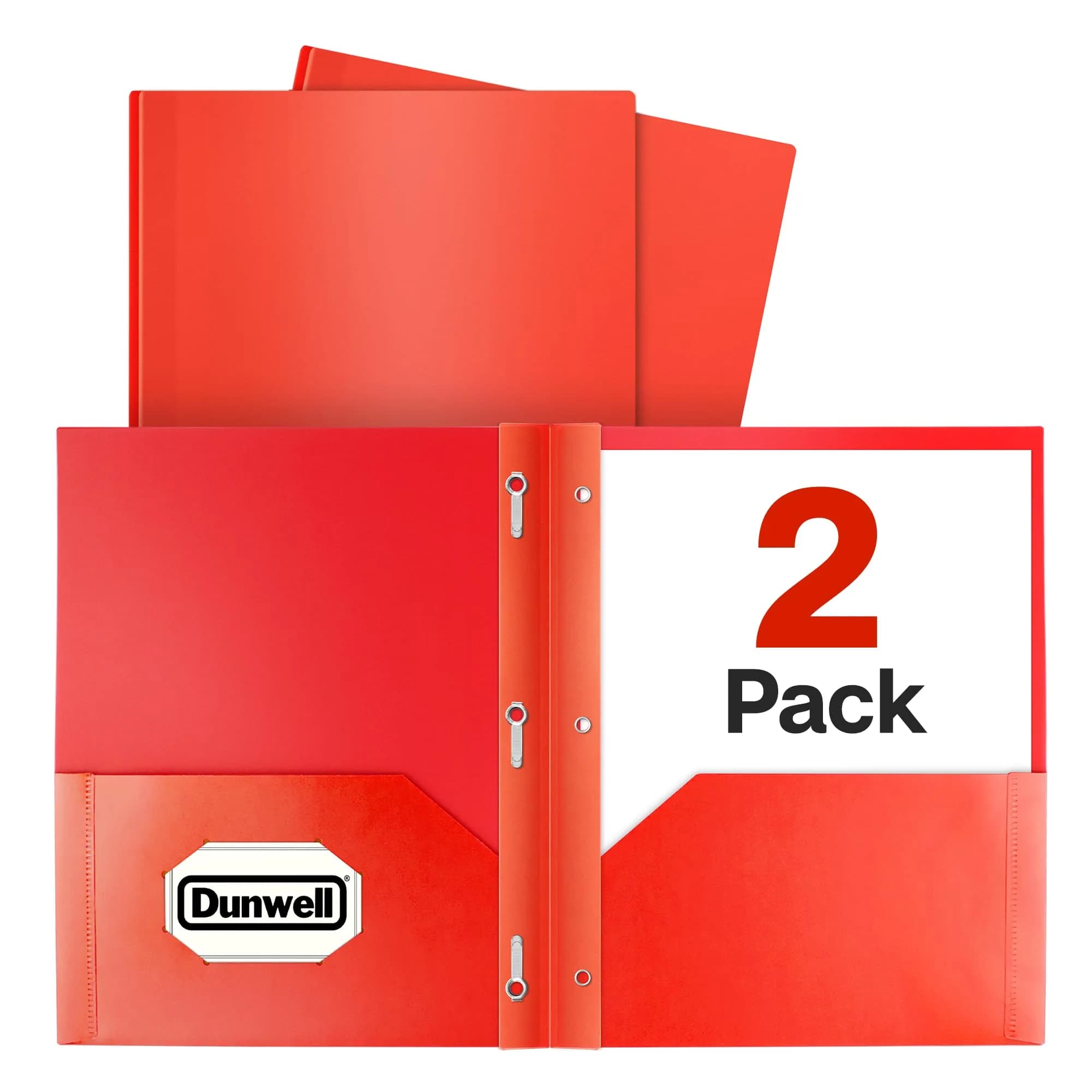 Dunwell Plastic 2-Pocket Folders with 3 Prongs, Red, 2 Pack (23.7cm x 29.5cm x 1.1cm) | Durable Poly Folders for Students & Professionals