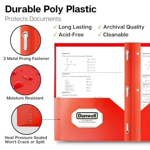Dunwell Plastic 2-Pocket Folders with 3 Prongs, Red, 2 Pack (23.7cm x 29.5cm x 1.1cm) | Durable Poly Folders for Students & Professionals thumbnail 2