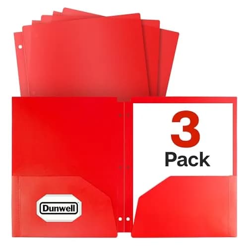 Dunwell 2-Pocket Folder for 3-Ring Binder, 8.5x11, 3-Pack, Red | Durable, Water-Resistant Poly Folder thumbnail 1