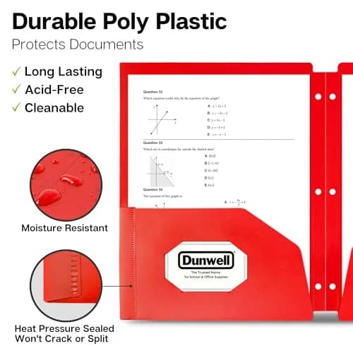 Dunwell 2-Pocket Folder for 3-Ring Binder, 8.5x11, 3-Pack, Red | Durable, Water-Resistant Poly Folder thumbnail 3